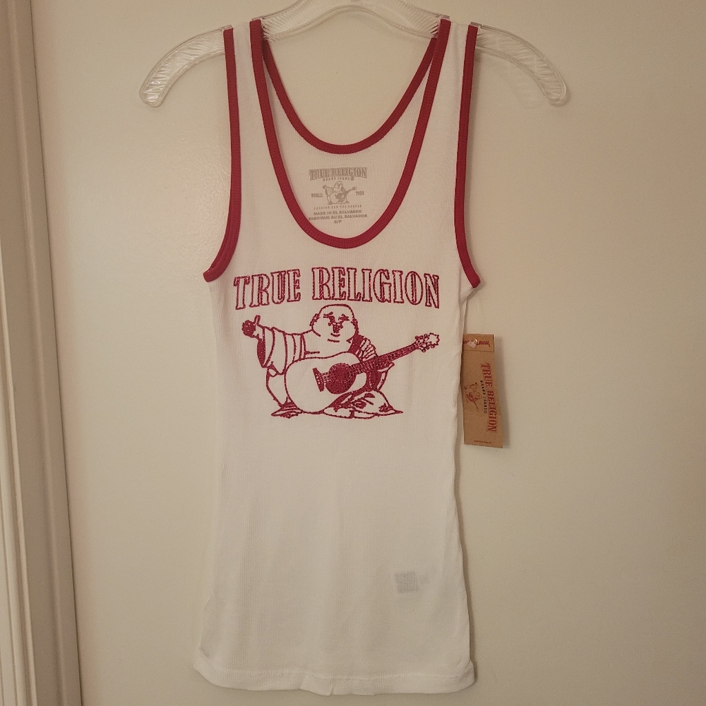 True Religion White/Ruby Red Classic Buddha Rib Knit Tank,  Size S